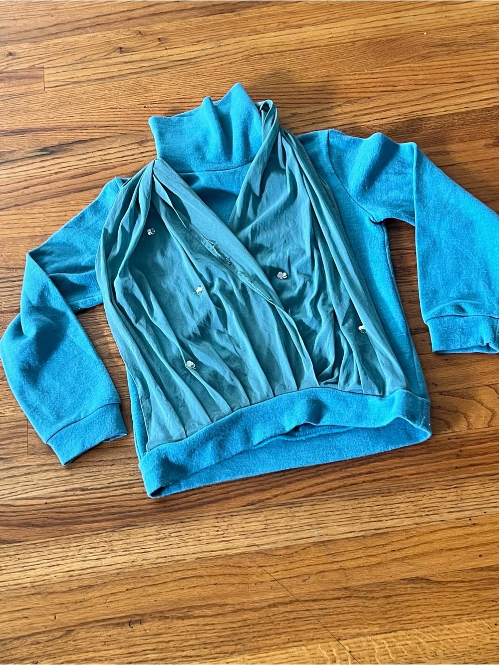 Vintage Teal Cowl Neck Pullover with Draped Front